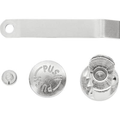 Serrure métallique composée de quatre éléments : un levier, une vis, un bouton-poussoir portant l'inscription « PUSH », et un boîtier cylindrique.