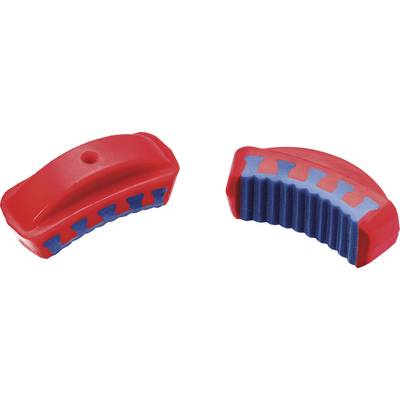 Deux objets arqués rouge et bleu, avec des zones bleues texturées au centre, pouvant potentiellement servir de poignées ou d'outils ergonomiques.