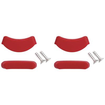 Deux pièces de meuble rouges et quatre vis argentées servant d'éléments de fixation pour des portes ou des tiroirs de meubles.