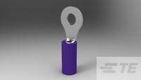 Un œillet de câble isolé violet avec embout métallique, sur un fond gris.