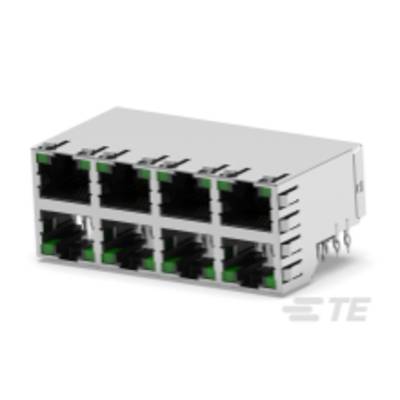 Un module réseau rectangulaire avec huit ports RJ-45 disposés en deux rangées, adapté aux connexions Ethernet.