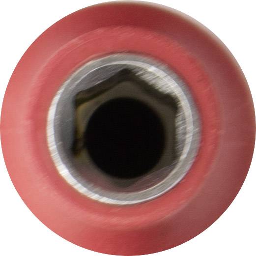 'Gros plan sur un capuchon de stylo rouge avec un trou en son centre, entouré d'un anneau argenté.'