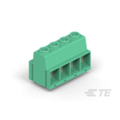 Connecteur vert à quatre pôles avec des trous pour le passage des fils, aligné latéralement. Composant électronique pour connexions.