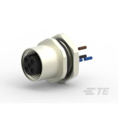 Un connecteur cylindrique blanc avec plusieurs broches et trois câbles saillants de différentes couleurs.