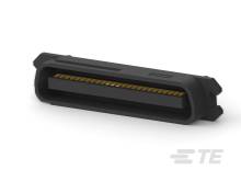 Un aperçu latéral d'une fiche de connexion noire, ressemblant à une prise électrique, avec des broches de contact visibles.