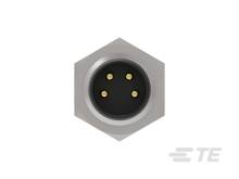 Une fiche ronde métallique avec trois broches dorées dans un boîtier hexagonal. Adaptée aux applications industrielles.