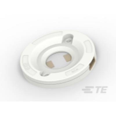Un support circulaire blanc avec des découpes et deux contacts, probablement destiné à des applications ou des dispositifs techniques.
