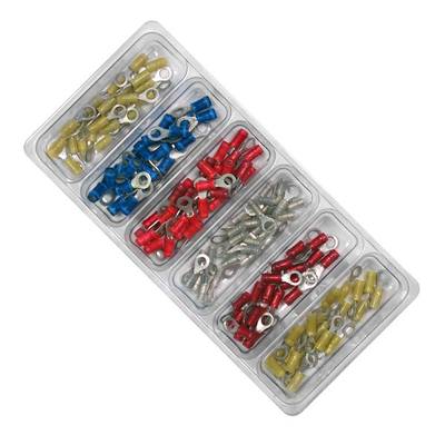 Une boîte en plastique avec six compartiments remplis de serre-câbles colorés dans différentes teintes : jaune, bleu et rouge.