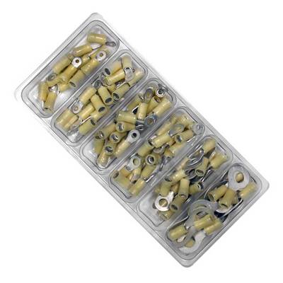 Un bac en plastique avec des cosses de câble jaunes dans différents compartiments.