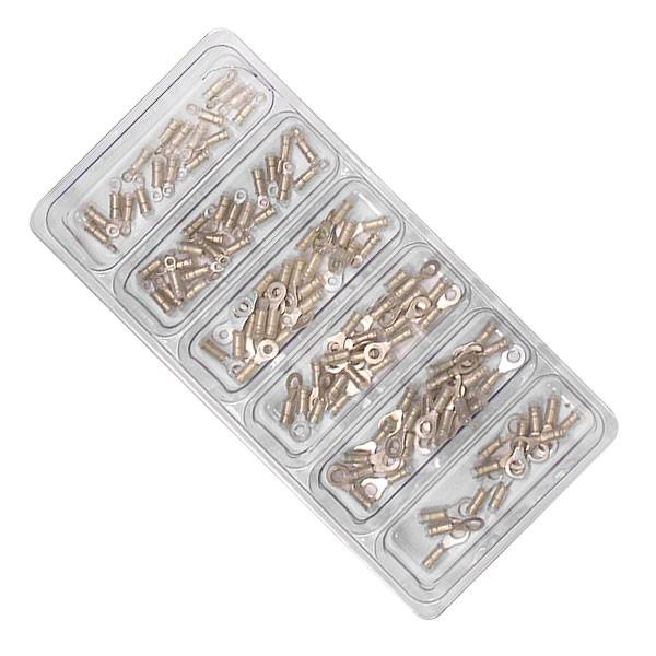 Une boîte en plastique transparent avec six compartiments, remplie de différentes tailles de cosses de câble dorées.