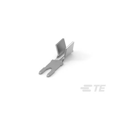 Un connecteur électronique métallique, posé sur un fond blanc, montre deux languettes de contact disposées parallèlement.