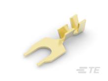 Outil métallique inconnu à deux branches en forme de fourche, de couleur jaune, placé sur un fond neutre.