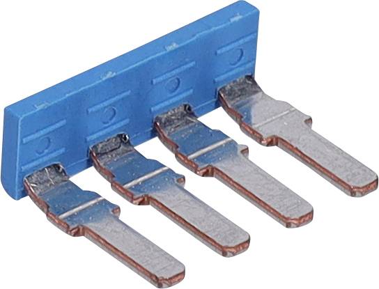 Un bornier en plastique bleu avec quatre connecteurs métalliques en saillie, couramment utilisé dans les circuits électroniques pour les connexions de câblage.