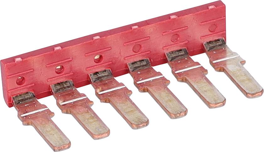 Un connecteur de barre omnibus en cuivre rouge avec six broches plates disposées en ligne, utilisé dans les systèmes électriques pour dériver ou raccorder des circuits.