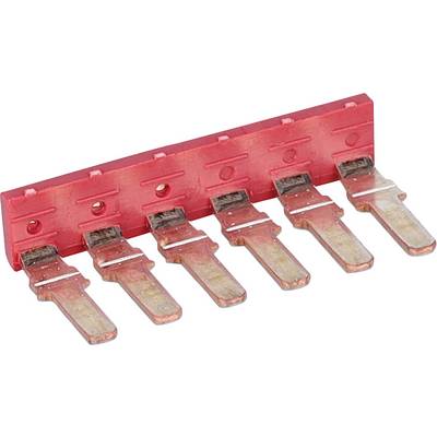 Un connecteur de barre omnibus en cuivre rouge avec six broches plates disposées en ligne, utilisé dans les systèmes électriques pour dériver ou raccorder des circuits.