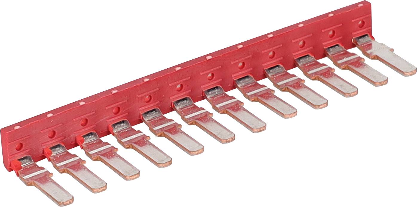 Une barre omnibus électrique rouge avec dix connecteurs métalliques plats s'étendant de sa base, utilisée pour distribuer l'alimentation électrique dans les circuits imprimés.