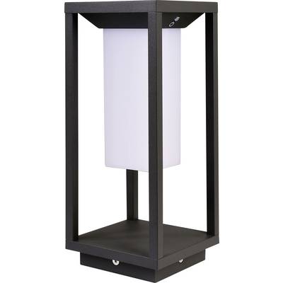 Une lampe extérieure noire et moderne avec un cadre rectangulaire. Elle contient un panneau lumineux blanc vertical au centre.