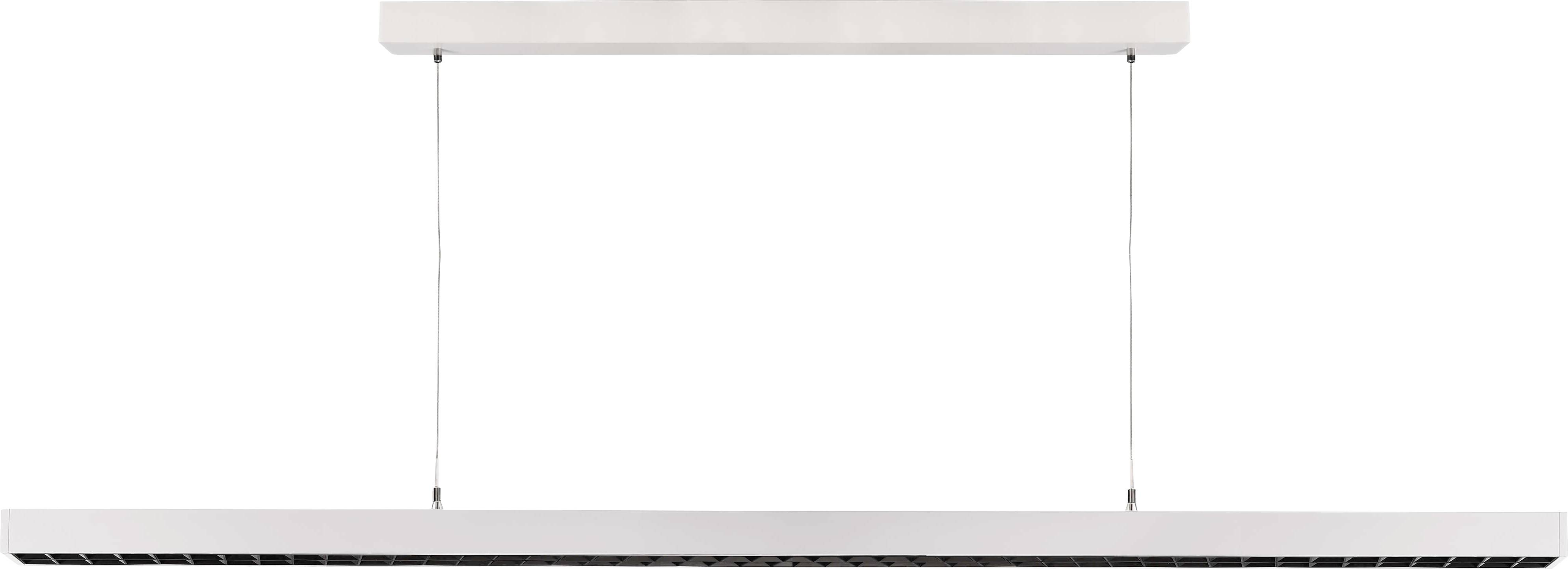 Lampe suspendue blanche rectangulaire au design étroit et moderne, fixée par deux câbles fins. Idéale pour un intérieur minimaliste.