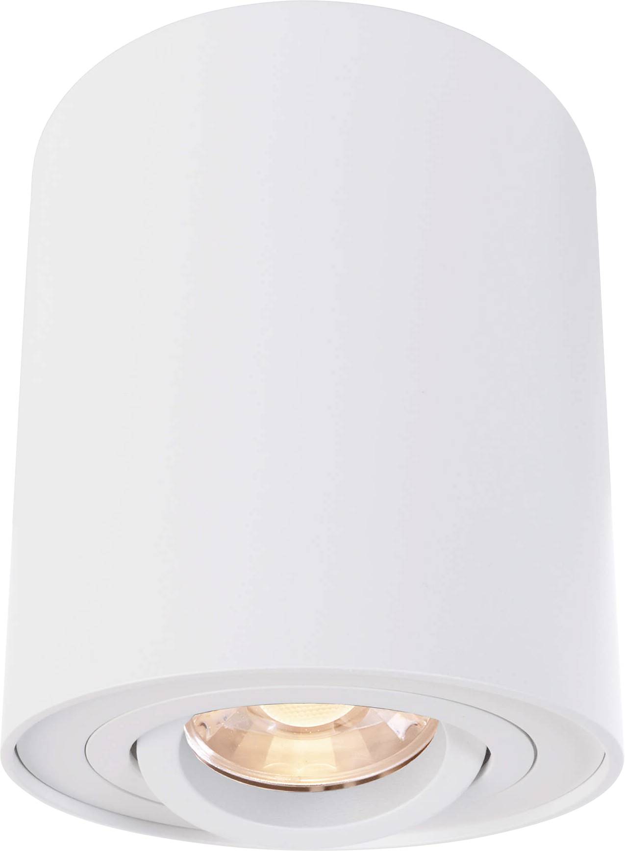 Plafonnier blanc cylindrique avec spot orientable au design épuré.