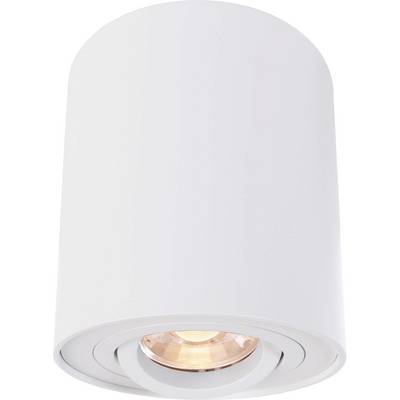 Plafonnier blanc cylindrique avec spot orientable au design épuré.