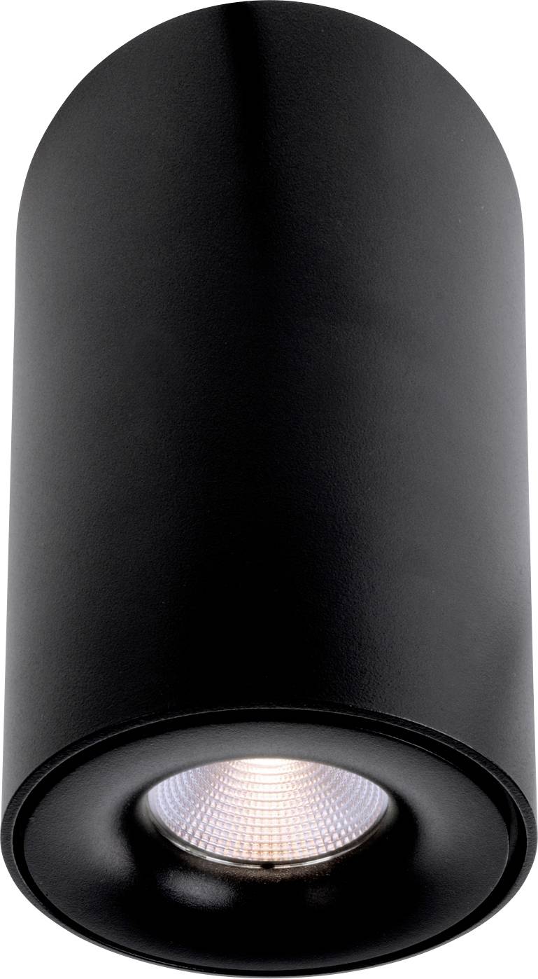 Plafonnier cylindrique noir avec un spot circulaire et orientable, diffusant une lumière douce. Idéal pour un éclairage d'accentuation.