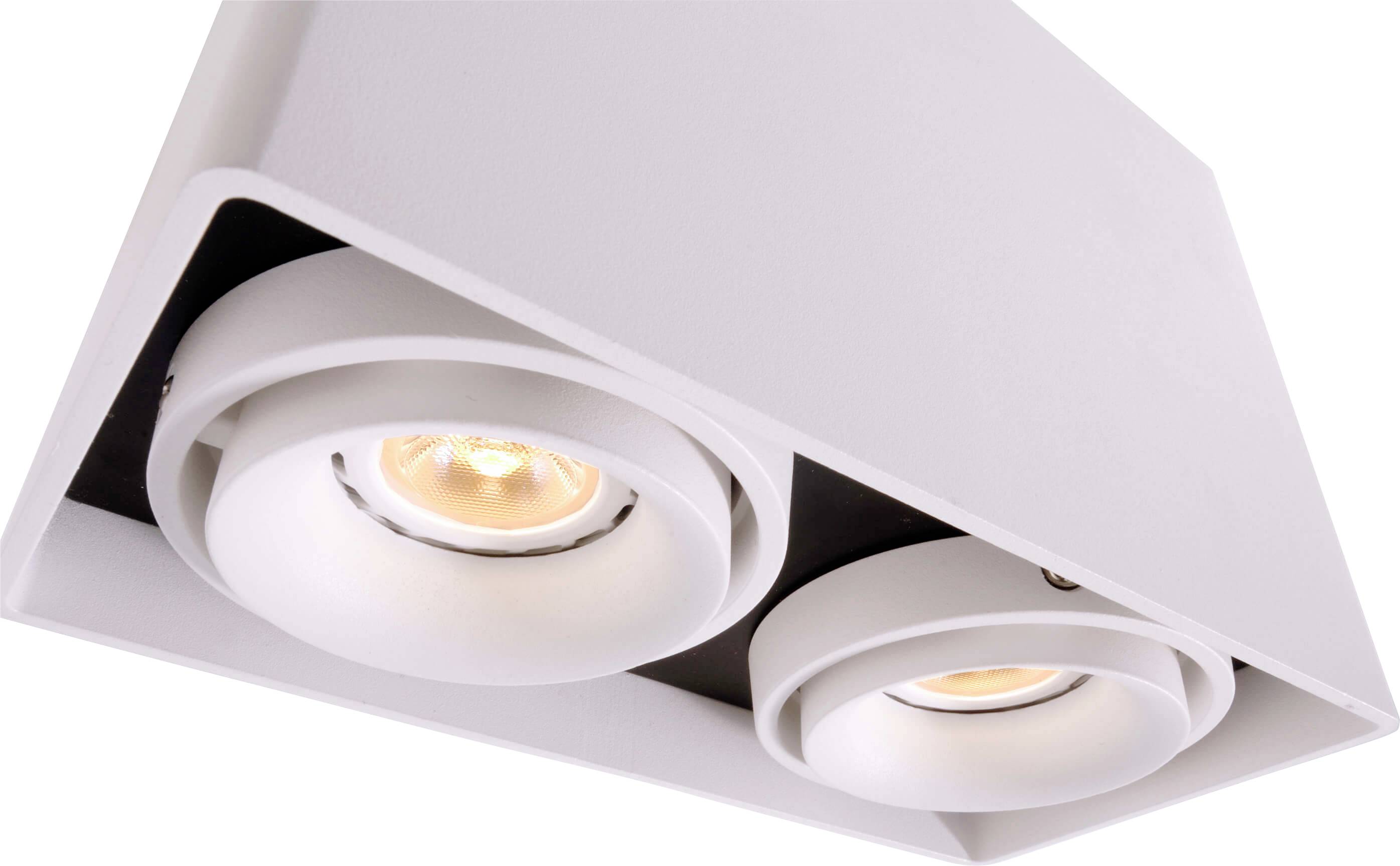 Deux spots LED blancs et ronds encastrés dans un boîtier rectangulaire, diffusant une lumière chaleureuse.