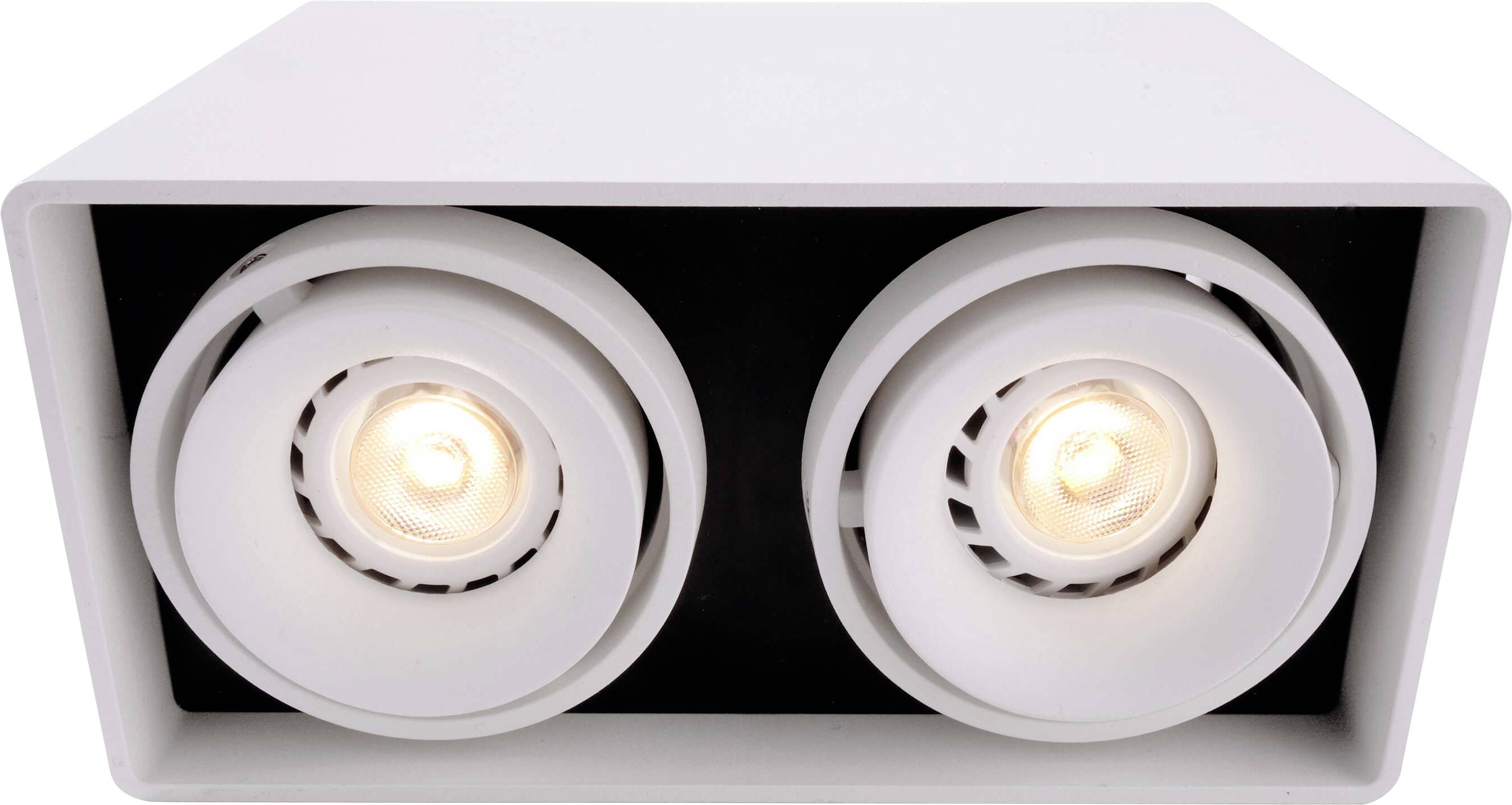 Deux projecteurs de plafond blancs et rectangulaires équipés de spots circulaires diffusant une lumière chaleureuse, installés sur un support.