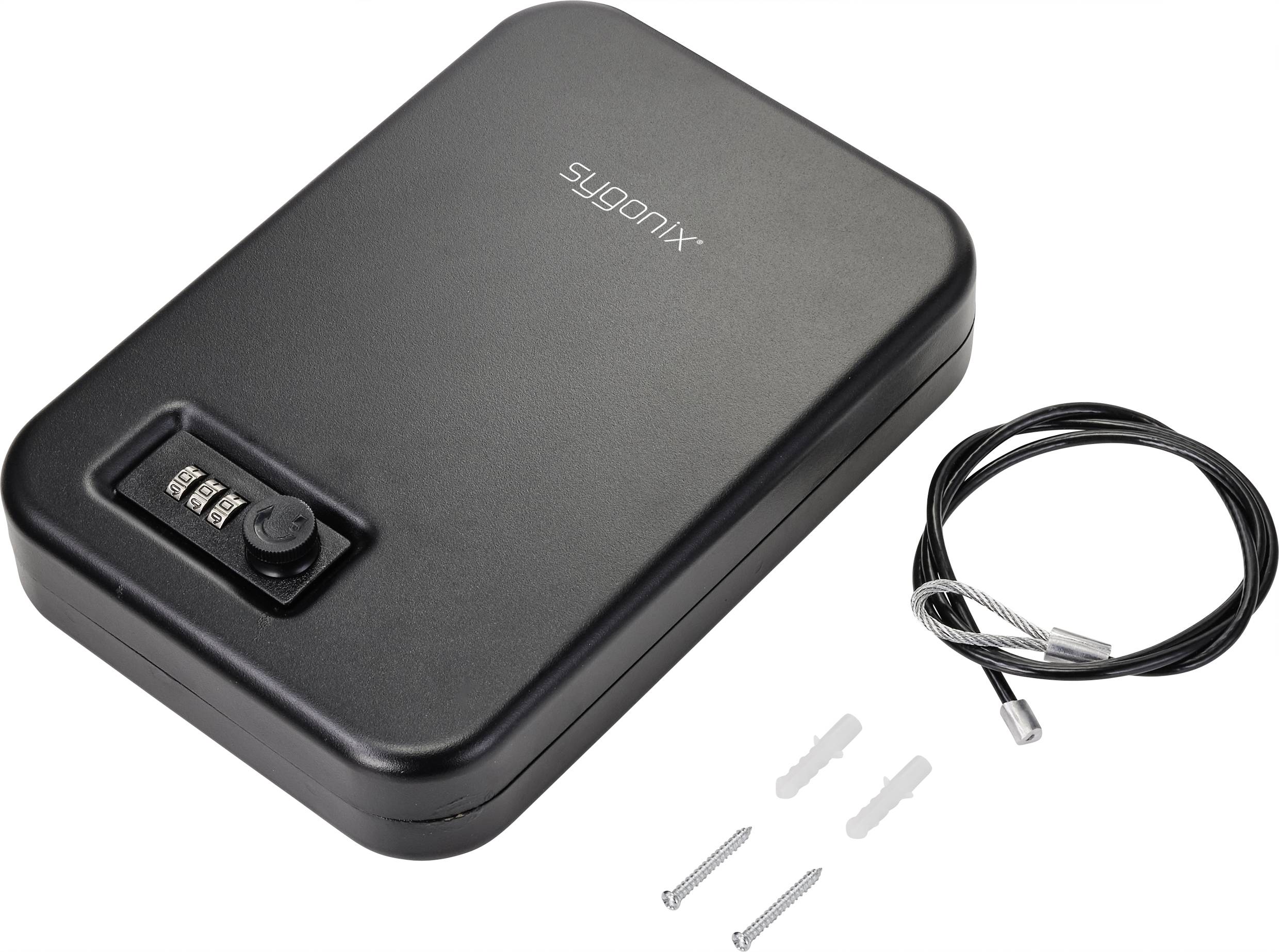 Boîte de sécurité noire avec serrure à code, câble de sécurité et deux vis avec chevilles. Boîte portant le logo 'Sygonix'.