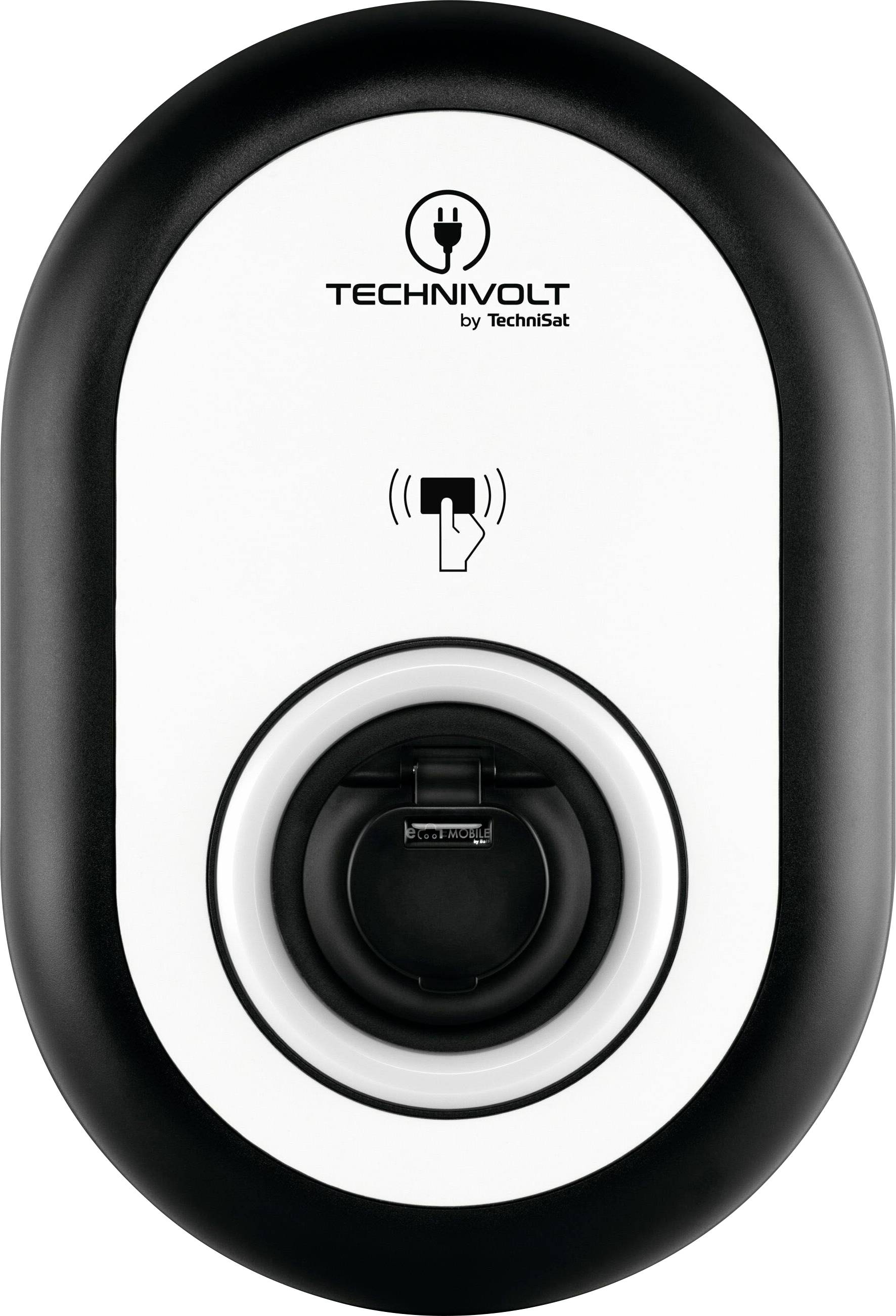 Station de recharge électrique noire et blanche de Technivolt avec symbole de prise secteur, adaptée aux véhicules électriques.