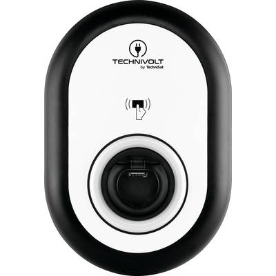 Station de recharge électrique noire et blanche de Technivolt avec symbole de prise secteur, adaptée aux véhicules électriques.