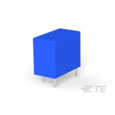Un tabouret bleu rectangulaire avec quatre pieds clairs est posé sur un fond blanc.