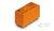 Un relais orange avec plusieurs broches en bas, des spécifications techniques marquantes en haut et un logo de marque sur le côté.