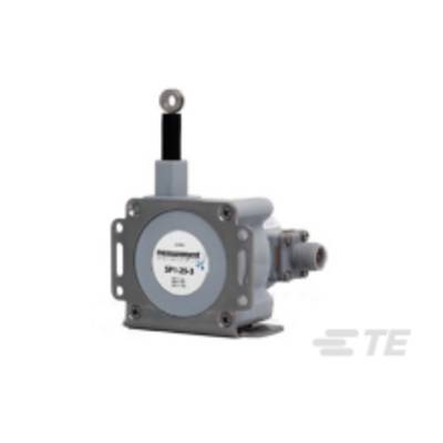Un potentiomètre à câble de couleur argent de la marque Measurement Specialties, modèle SP1-25-R, destiné aux mesures de déplacements et de positions.