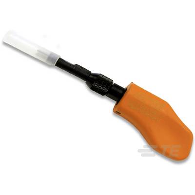 Une poignée d'outil de presse manuelle orange avec un insert noir, utilisée pour connecter des tubes ou des fils.