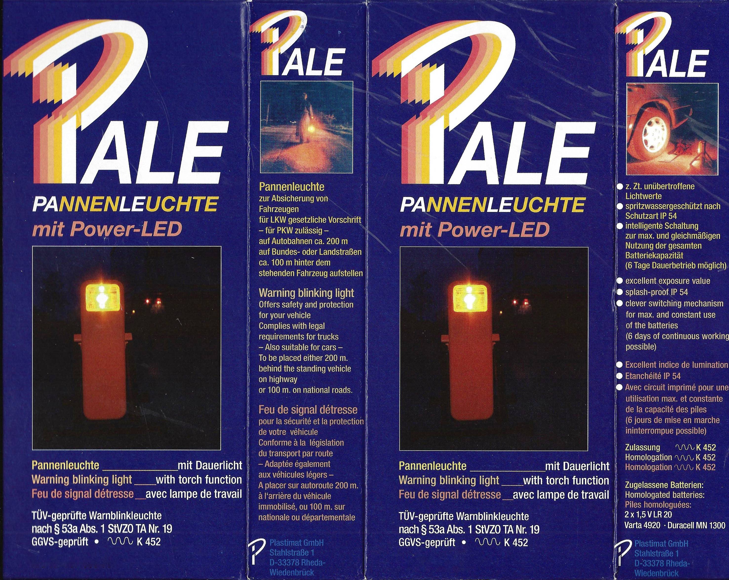 Emballage pour lampe de détresse avec LED de puissance. Contient une image de la lampe dans l'obscurité et un texte expliquant son fonctionnement et ses avertissements.