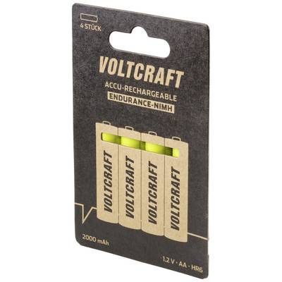 Quatre piles AA rechargeables Voltcraft, droites dans leur emballage, 2000 mAh, NiMH.