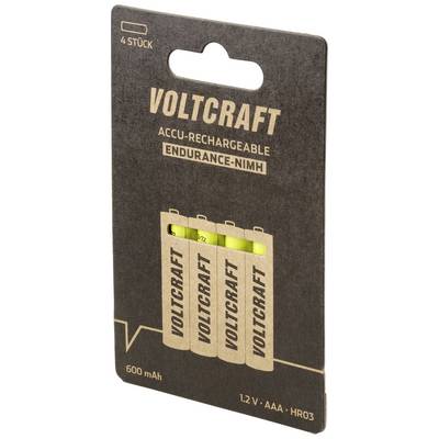 Lot de quatre piles rechargeables AAA de marque Voltcraft, 1,2 V, 600 mAh, technologie NiMH.