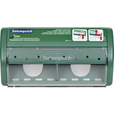 Un distributeur de pansements vert avec deux compartiments pour les pansements, étiqueté 'Salvequick'. Instructions d'utilisation en haut à droite.