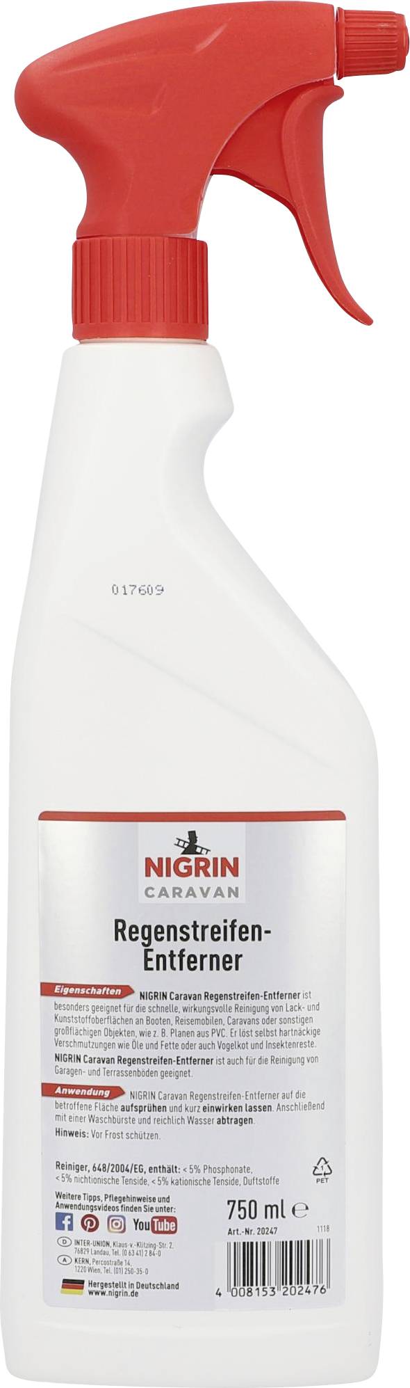 Bouteille de pulvérisation blanche avec pulvérisateur rouge, étiquette indiquant 'Nigrin Caravan Détachant de traces de pluie', 750 ml.