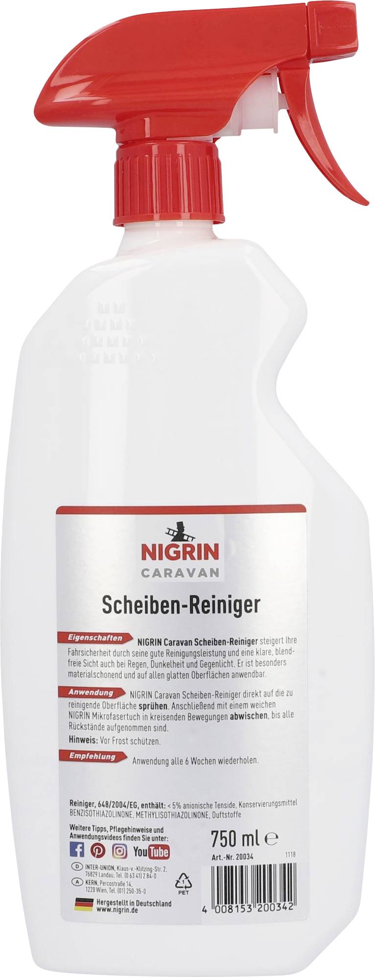 Bouteille de pulvérisation avec déclencheur rouge et étiquette blanche. Texte : 'NIGRIN Caravane Nettoyant pour vitres'. Contenu : 750 ml.