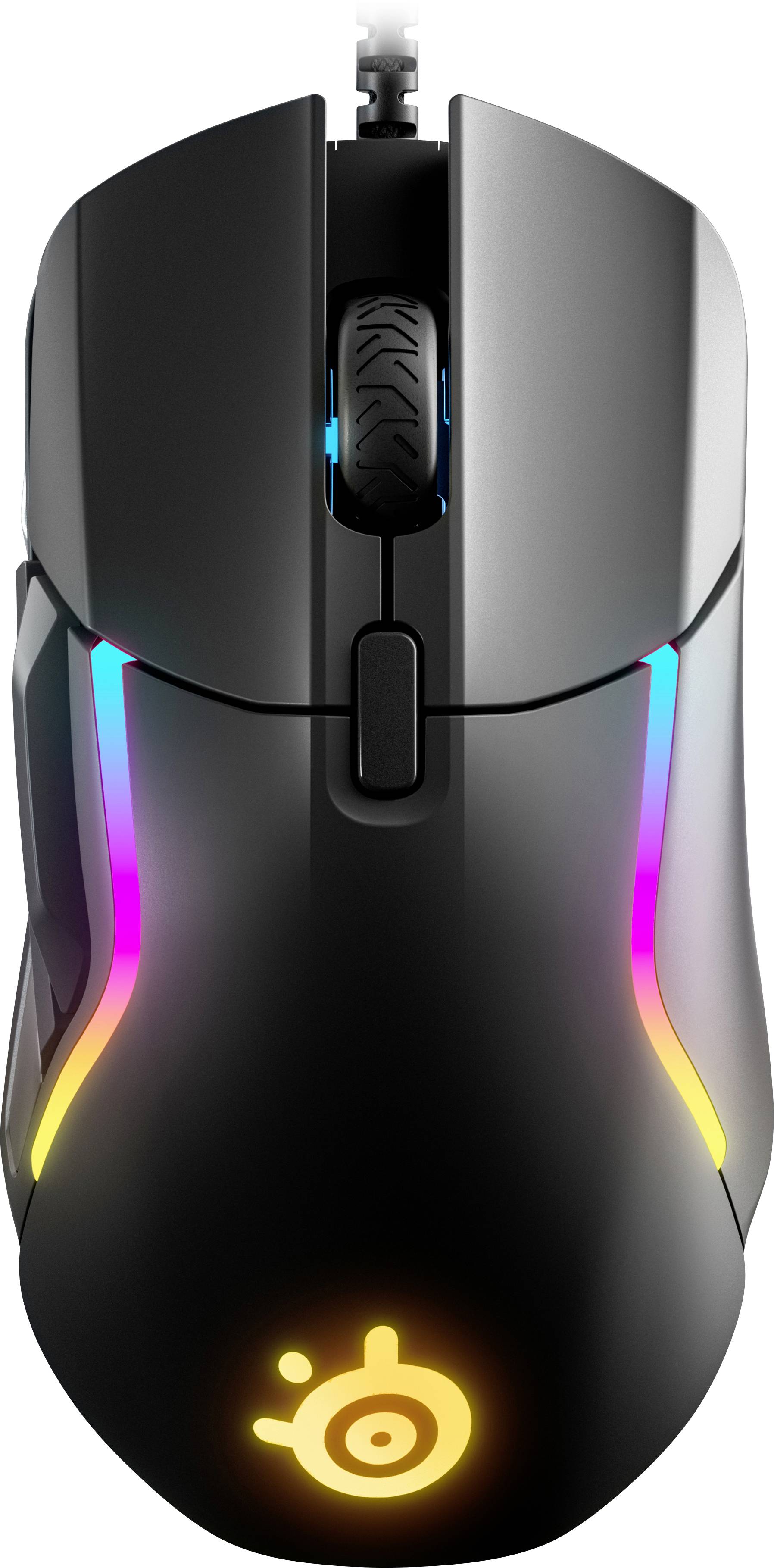 Souris d'ordinateur noire avec éclairage RVB, molette de défilement au centre, design ergonomique. Le logo de la marque brille en orange en bas.
