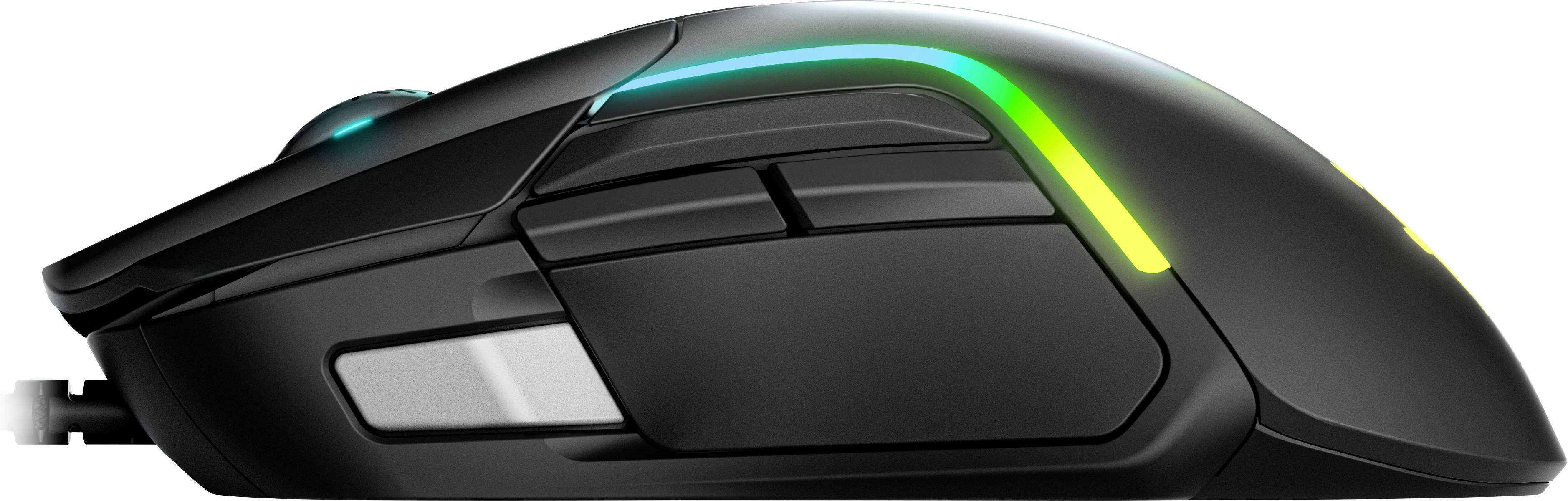 Une souris de gaming noire avec un éclairage RVB sur les côtés et plusieurs boutons latéraux conçus pour des fonctions avancées.