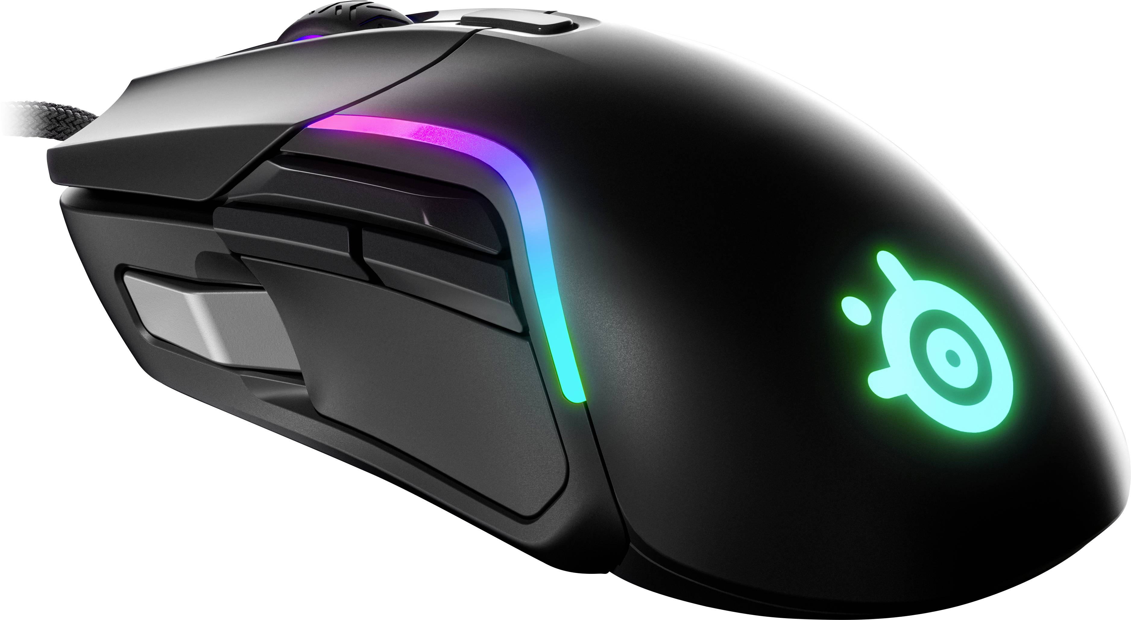 Une souris gaming noire avec éclairage LED, plusieurs boutons latéraux et un design ergonomique.