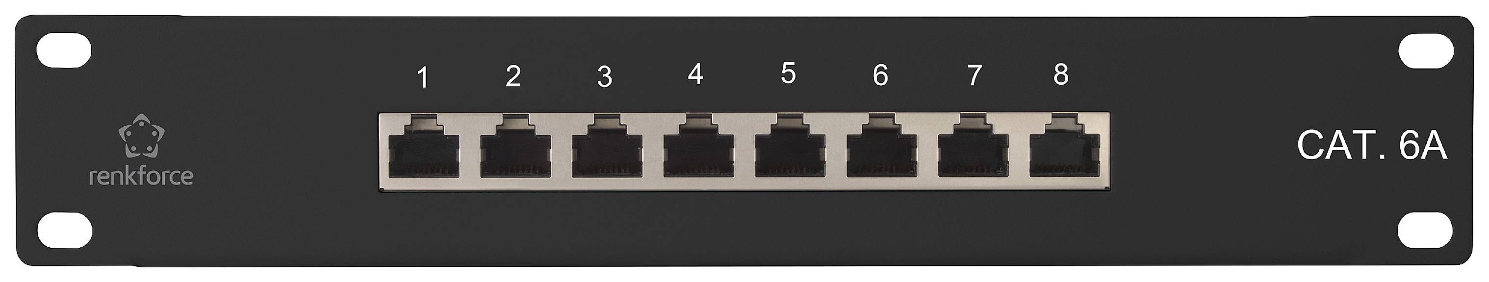 Un panneau de brassage noir avec huit ports Ethernet, numérotés de 1 à 8. « CAT. 6A » est imprimé à droite.