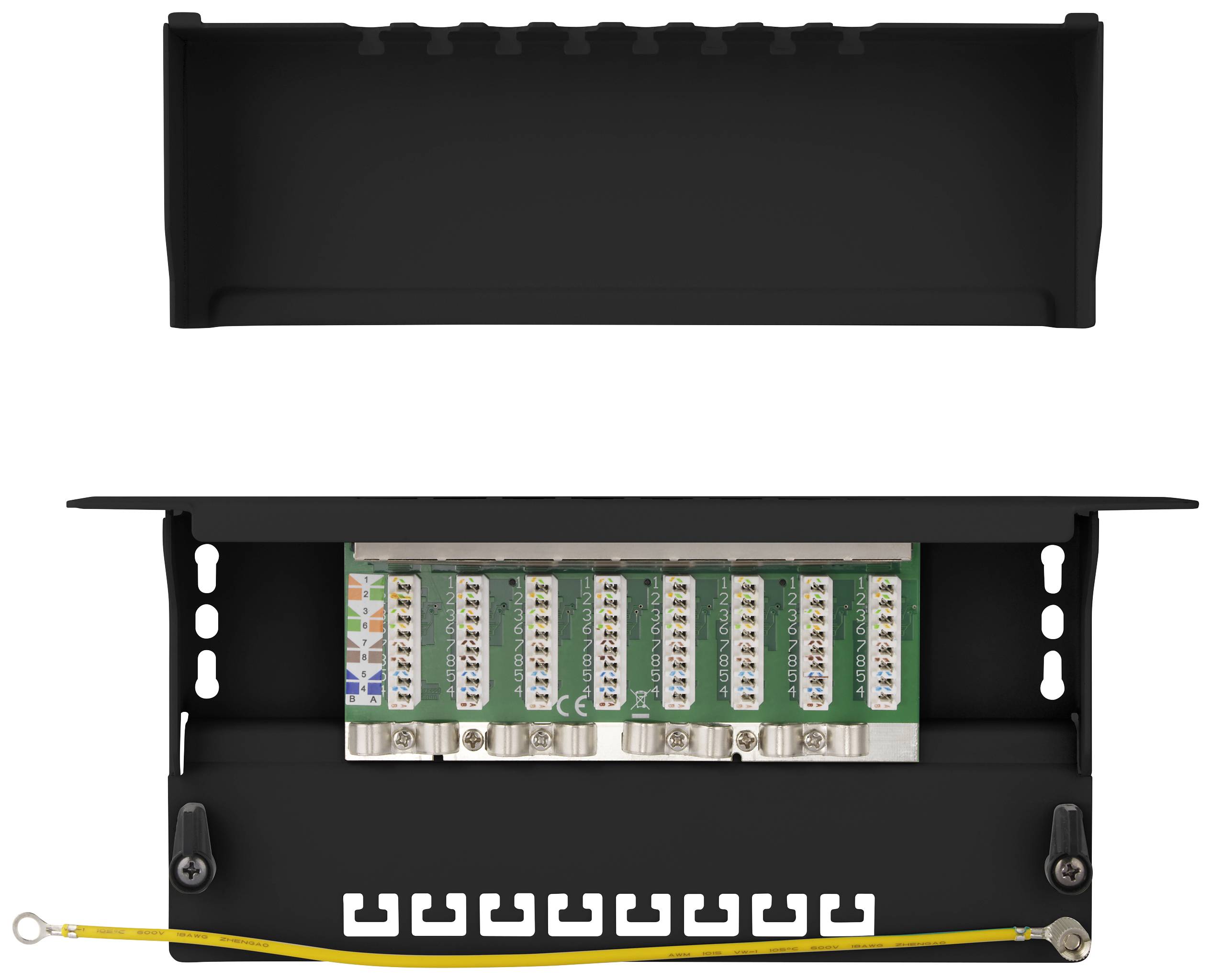 Un boîtier métallique noir ouvert révèle une carte électronique verte avec des bornes de connexion. Semble probablement servir à des connexions électriques.