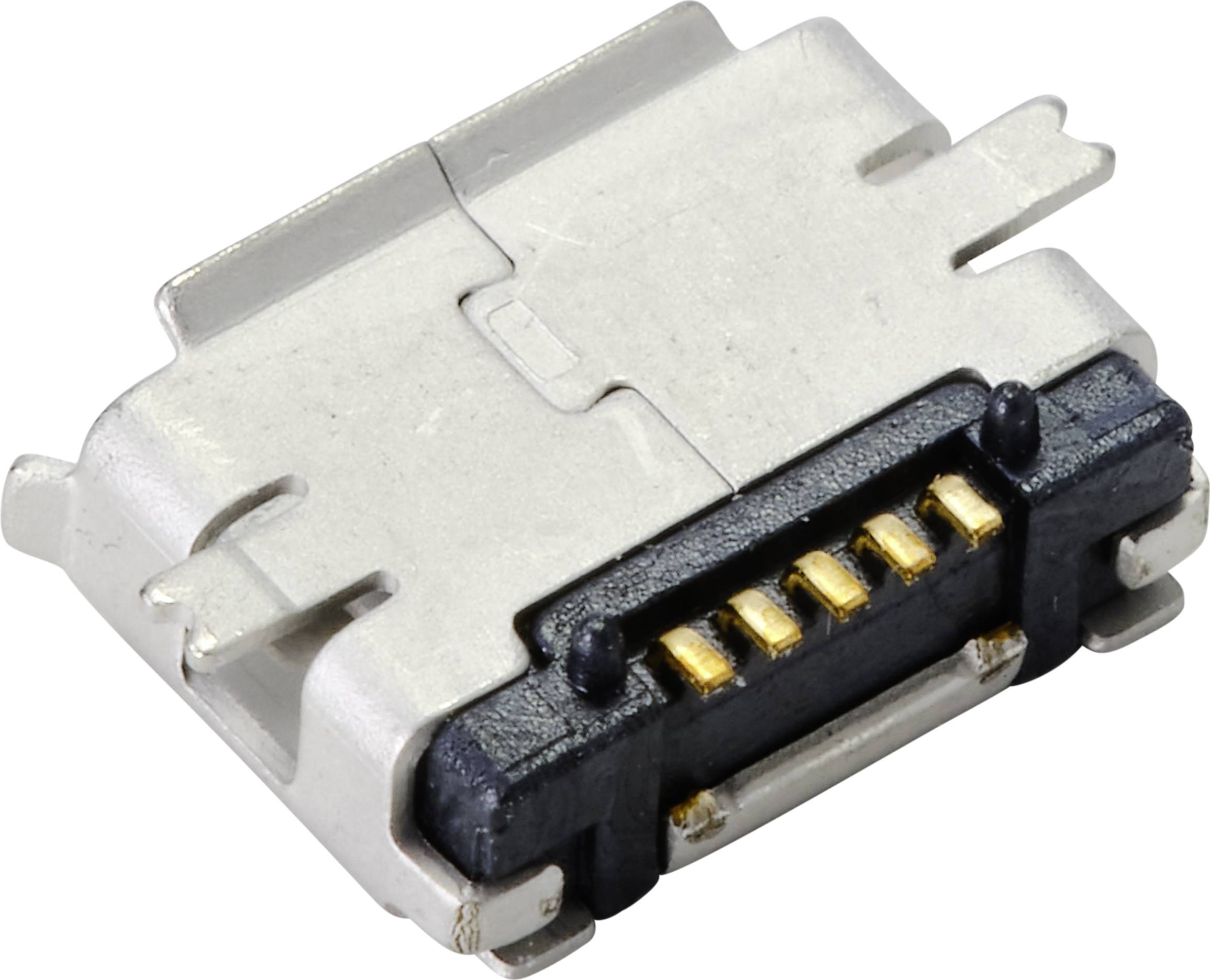 Gros plan d'une prise Micro-USB avec cinq broches dorées, dans un environnement métallique, montrant les détails techniques du connecteur.