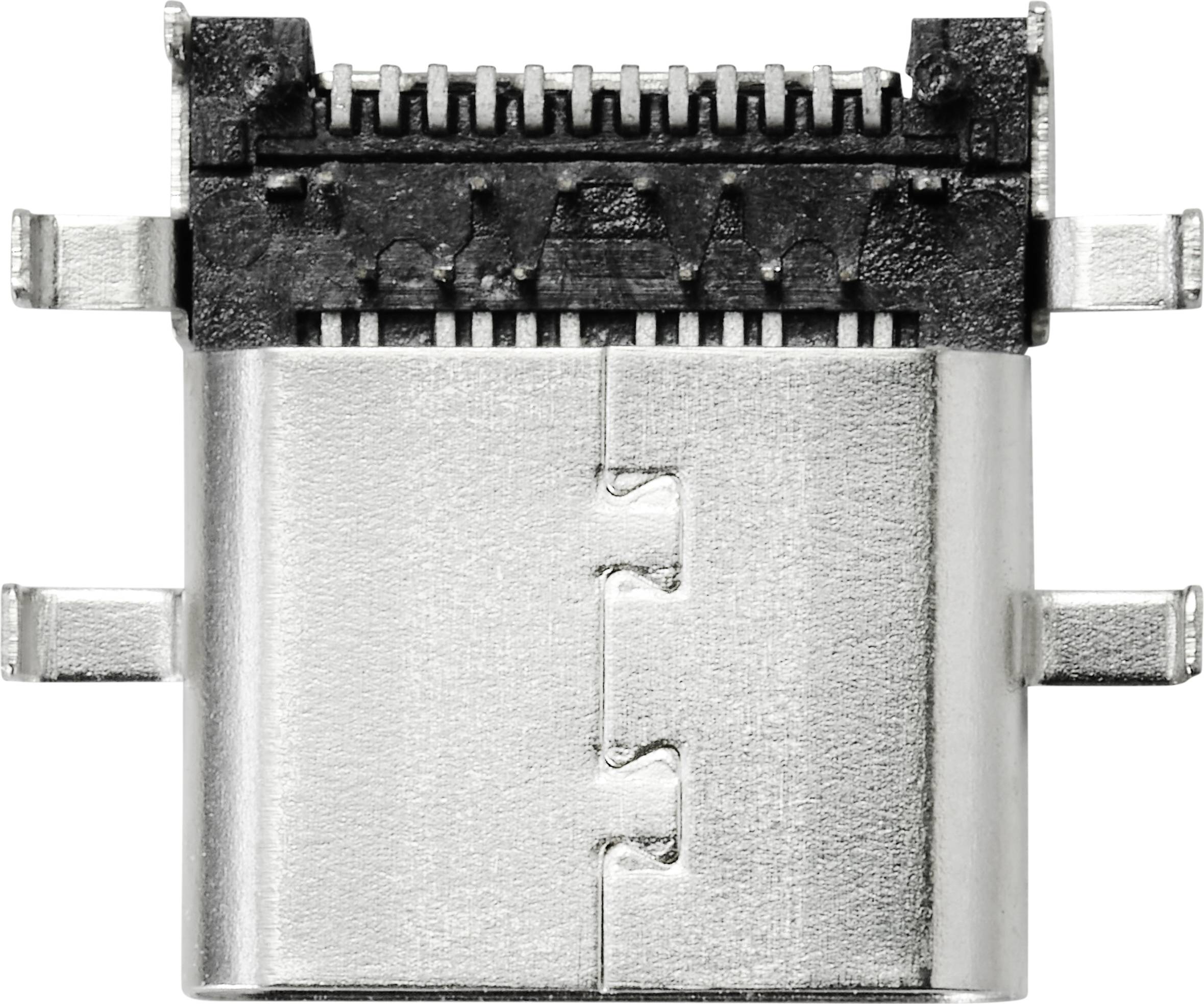 Un connecteur USB-C en métal avec des surfaces de contact visibles et un design robuste et symétrique. Il est polyvalent et peut être utilisé dans divers contextes.