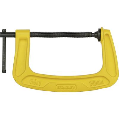 Une pince de serrage jaune de 150 mm avec une vis noire, vue de côté.