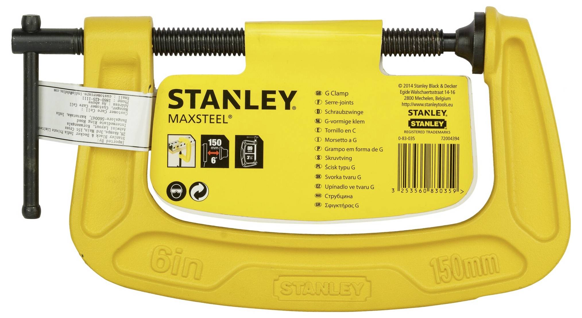 Une bride G de Maxsteel jaune de Stanley, 150 mm, avec étiquette pour des applications de fixation polyvalentes.
