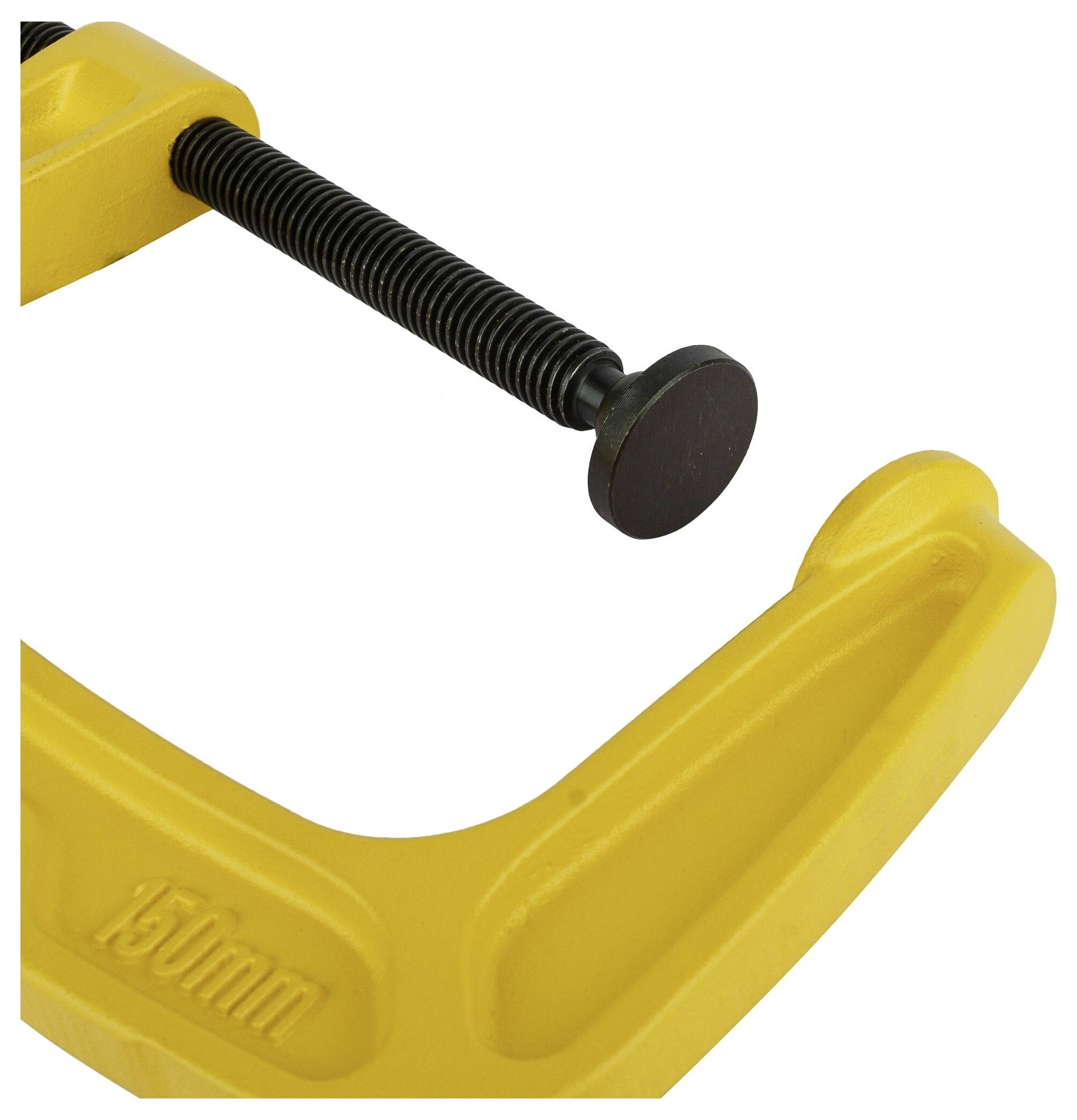Étau jaune en métal avec une vis de serrage noire, ouvert à environ 150 mm, utilisé pour fixer ou maintenir des objets.